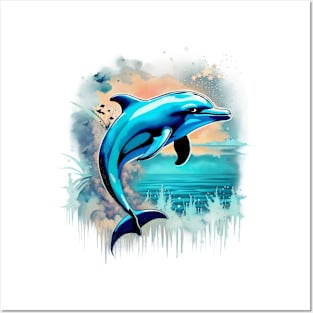 Oceanic Marvel - Striking Grunge Dolphin Tee Posters and Art